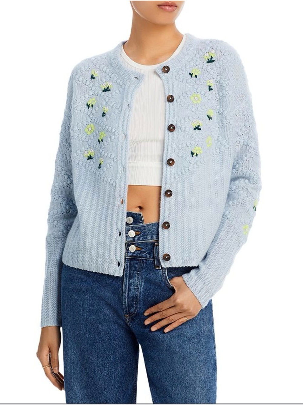 Aqua 100% Cashmere Light Blue Button-Front Floral Embroidered Cardigan Small